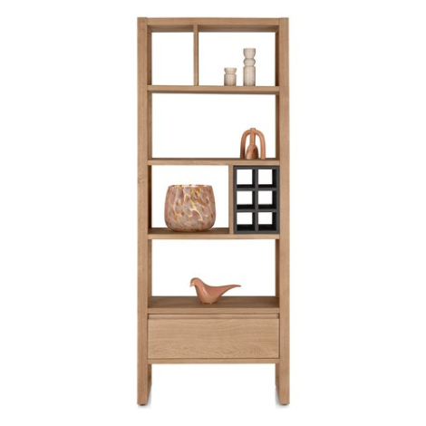 Roomdivider Bonaire 75 cm in eikenfineer met open vakken, zwart wijnrek en lade, vooraanzicht met decoratie