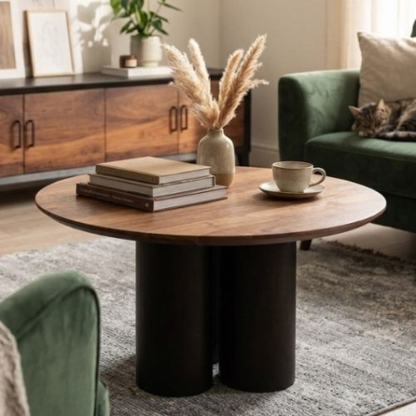 Sfeerafbeelding bruine salontafel van sheesamhout. 
