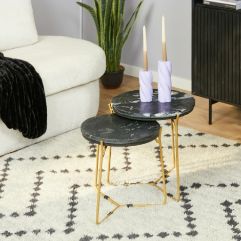 Salontafel Caly set van 2 met zwart marmeren blad en goudkleurig frame