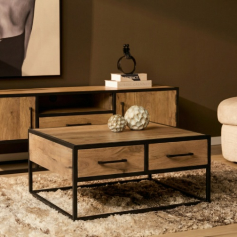 Salontafel Dakota eiken vierkant 80 cm sfeerbeeld in de woonkamer