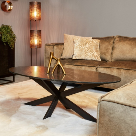 Ovale salontafel Faye met zwart marmeren blad en zwarte spinpoot