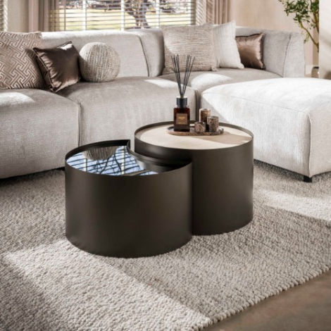 Salontafel half rond travertinlook met rookglas Berno set van 2 - sfeerfoto