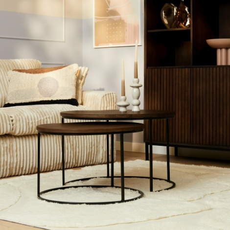Salontafel Madison bruin mangohout 70 cm set van 2 in de woonkamer