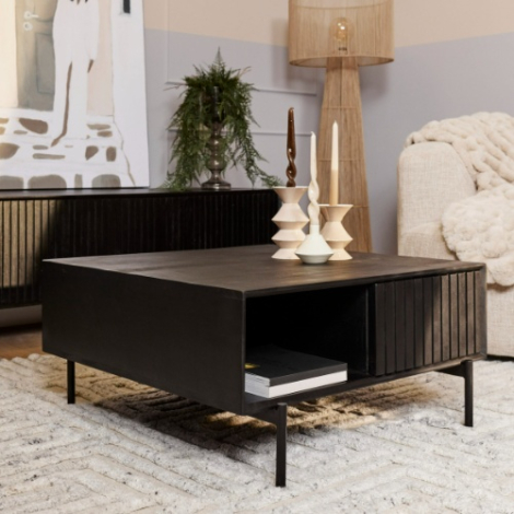 Vierkante zwarte salontafel Madison 80 cm met ribbelfront en lade