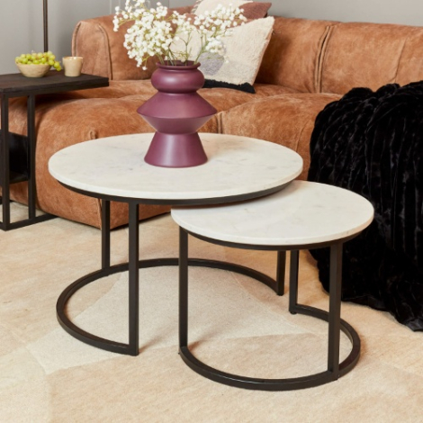 Salontafel Nova set van 2 met wit marmeren blad en zwart onderstel