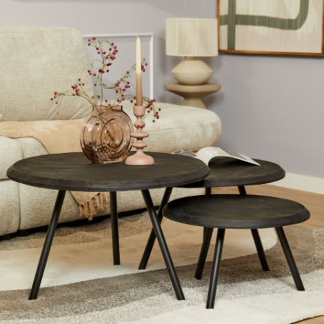 Salontafel Ohio set van 3 in zwart mangohout met zwarte metalen poten