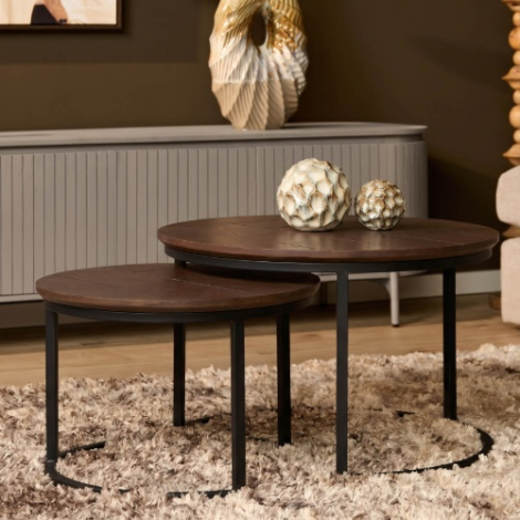 Salontafel Otik walnut oak set van 2 rond 70 cm sfeerbeeld woonkamer