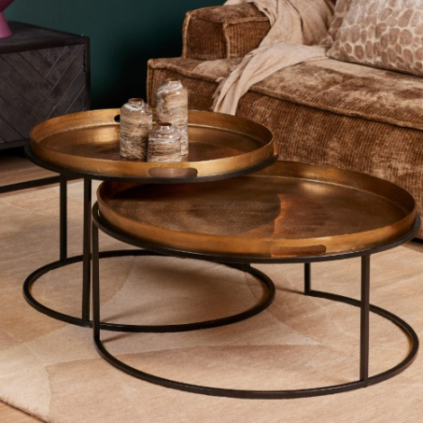 Salontafel Puck set van 2 rond aluminium goud voor de bank