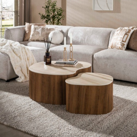 Salontafel in travertinlook Arda organische set van 2 90 cm - sfeerfoto