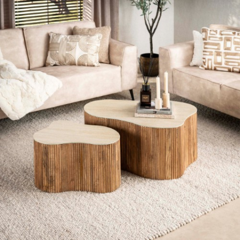 Salontafel travertinlook mangohout klaverblad Nola set van 2 - sfeerfoto