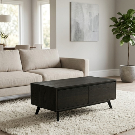 Zwarte Nora salontafel van 120 cm met twee lades voor een lichte bank