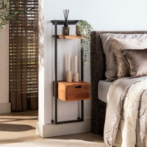 Smal zwevend nachtkastje met metalen frame Duna XS naturel - sfeerfoto