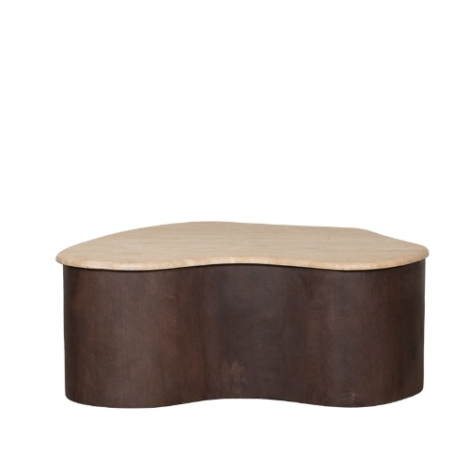 Organische salontafel Dirk travertin en donkerbruin mangohout, 80 cm Organische salontafel Dirk travertin en donkerbruin mangohout, 80 cm