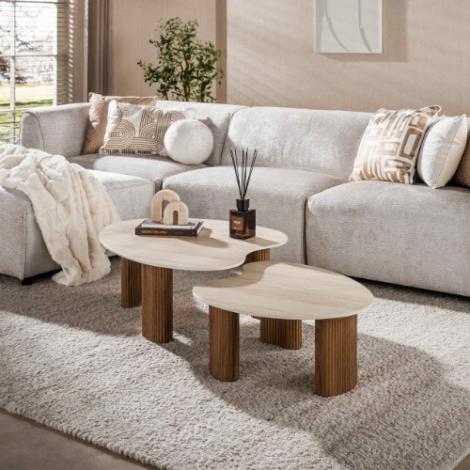 Travertinlook salontafel organisch Arda set van 2 102 cm - sfeerfoto