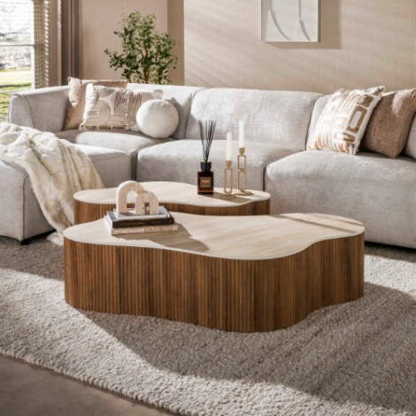 Travertinlook salontafel organisch Arda set van 2 135 cm - sfeerfoto