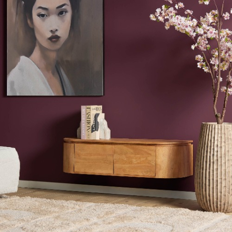 Naturel mangohouten tv-meubel Excellent 120 cm zwevend in woonkamer