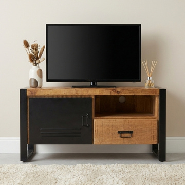 Tv meubel bas 106cm. Industrieel tv meubeltje met zwarte deur.