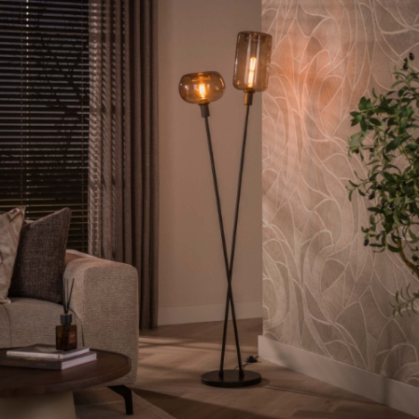 Vloerlamp met 2 smoke glazen kappen Nika bruin - sfeerfoto