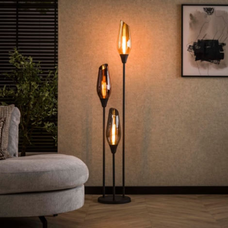 Vloerlamp met 3 gekleurde glazen kappen Tora zwart - sfeerfoto
