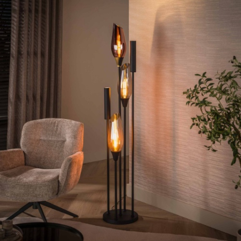 Vloerlamp 5 lichts met glazen kappen en spots Tora zwart - sfeerfoto