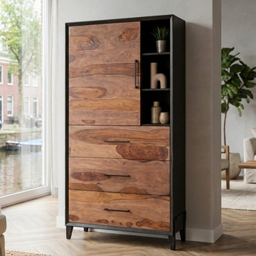 Wandkast van hout met deur, lades en open vakken