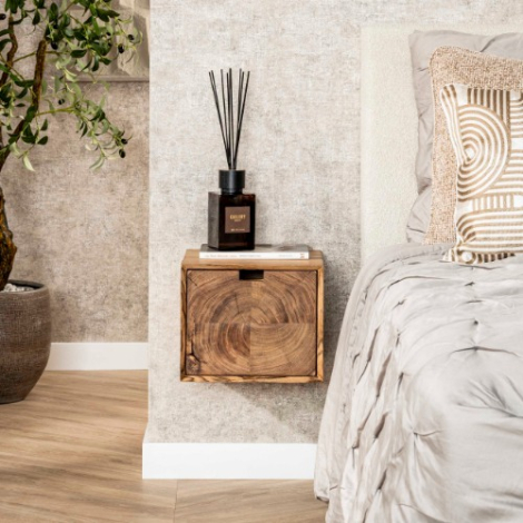 Zwevend nachtkastje 30 cm breed acaciahout Nevo naturel - sfeerfoto