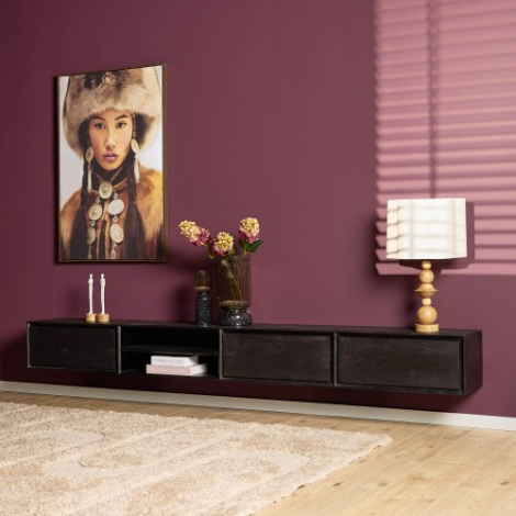 Zwevend tv meubel Ambiance Zwart mangohout 280 cm in vooraanzicht