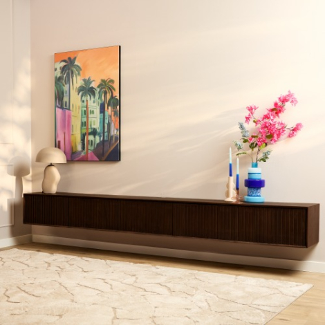 Zwevend tv meubel Madison Bruin mangohout 280 cm in vooraanzicht