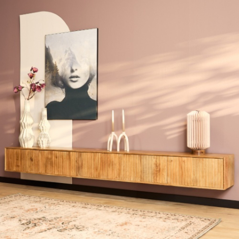 Zwevend tv meubel Madison naturel mangohout 280 cm aan de wand