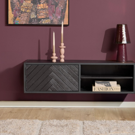 Zwevend tv meubel New York zwart mangohout 120 cm aan de wand