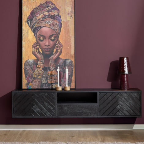 Zwevend tv meubel New York zwart mangohout 160 cm aan de wand