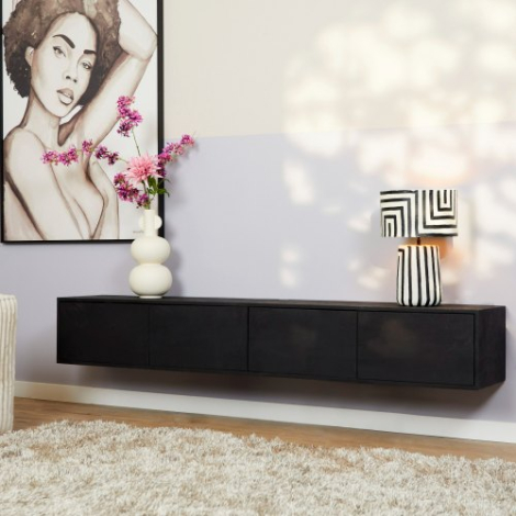 Zwevend tv meubel Vision Zwart mangohout 200 cm in vooraanzicht