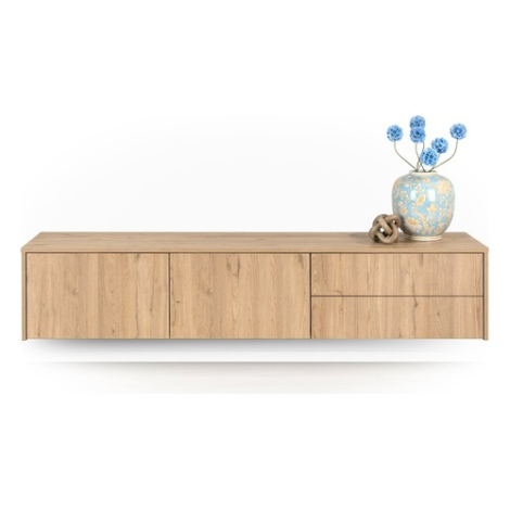 Zwevend tv meubel Vivian 190 cm naturel met vlakke fronten, zwevend aan de wand