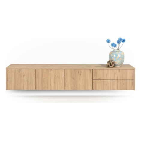 Zwevend tv meubel Vivian 220 cm naturel met vlakke fronten, zwevend aan de wand