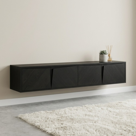 Zwevend zwart Nora tv-meubel van 200 cm met vier deuren aan de wand