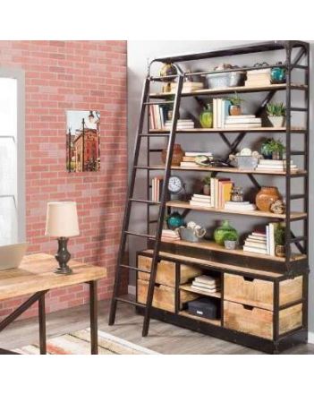 Industriële boekenkast met ladder van mangohout gecombineerd met staal. Boekenkast bevat vier lades, twee kleine open vakken en vijf planken. 