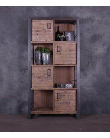 Industriële boekenkast met acacia houten deuren