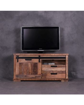 Klein tv meubel gemaakt van mangohout met een schuifdeur, twee laden en een open vak.