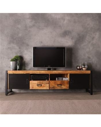TV meubel mangohout industrieel 200 cm. Met zwart deuren in metaal.