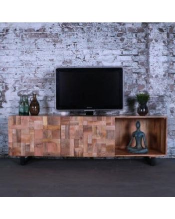 Tv meubel mangohout gecombineerd met zwart staal.