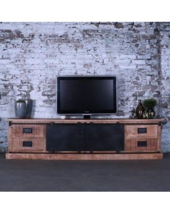 Tv meubel mangohout 200 cm met twee schuifdeurtjes, vier lades en twee open vakken.