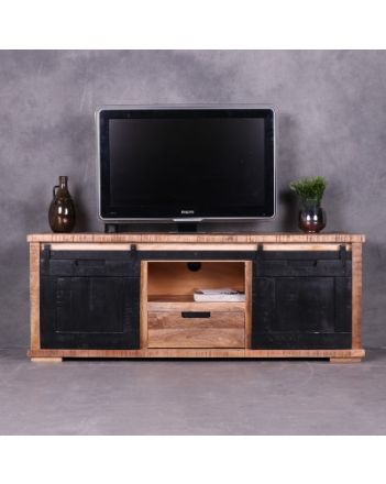 Tv meubel mangohout met twee zwarte schuifdeuren.