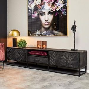 Tv meubel gemaakt van zwart afgewerkt mangohout met visgraat motief. 200 x 45 x 60 hoog