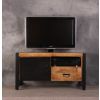 Klein tv meubel 106 cm mangohout gecombineerd met zwart staal en een zwart deurtje.