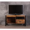 Klein tv meubel mangohout 106 cm gecombineerd met zwart staal en een zwart deurtje. Stalen frame met lade en een open vak. 