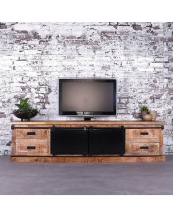 Tv meubel mangohout met zwarte deuren van staal op geleiders.