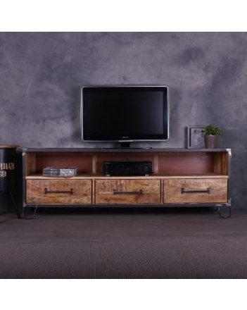 Industrieel tv meubel mangohout gecombineerd met grijs staal.