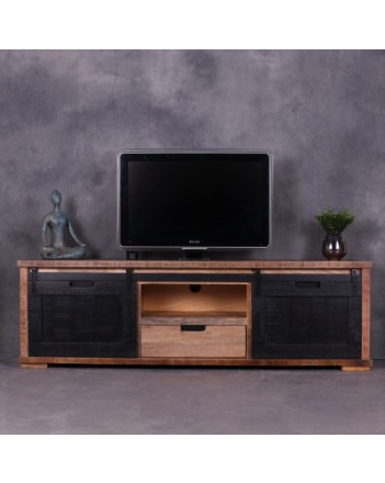Tv meubel gemaakt van mangohout met zwarte schuifdeur en een lade.
