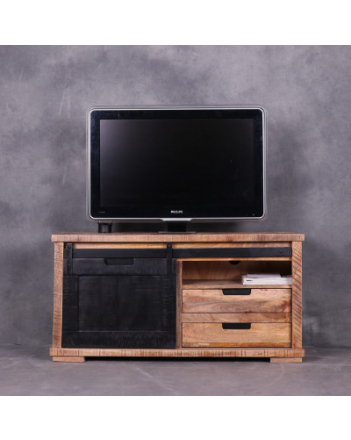 Industrieel tv meubel gemaakt van mangohout met een schuifdeur.