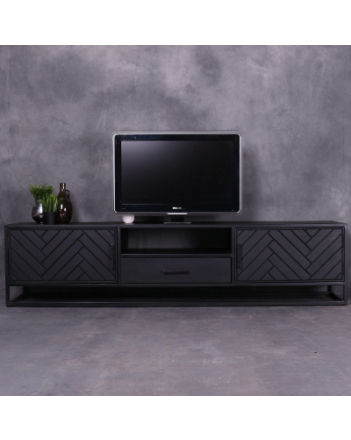 Tv meubel zwart met visgraat motief. Voorzien van een lade, twee deuren en een open vak.